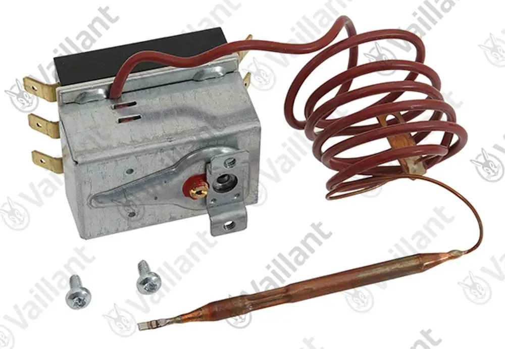 Vaillant Schalter mit Metallgehäuse, Klemmen und Spiralkabel, kombiniert mit einem Temperaturfühler, geeignet für Heizungs- oder Regelungssysteme.